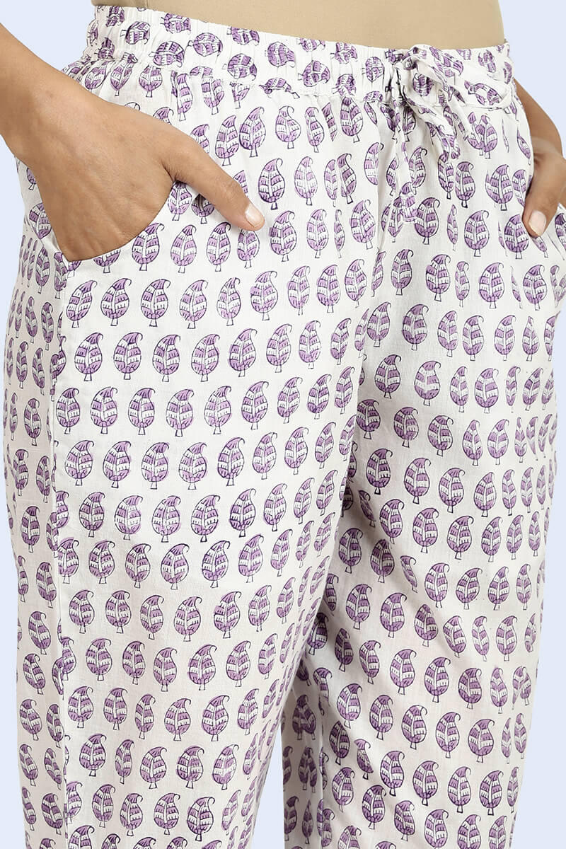 Purple Block Printed Cotton Pants