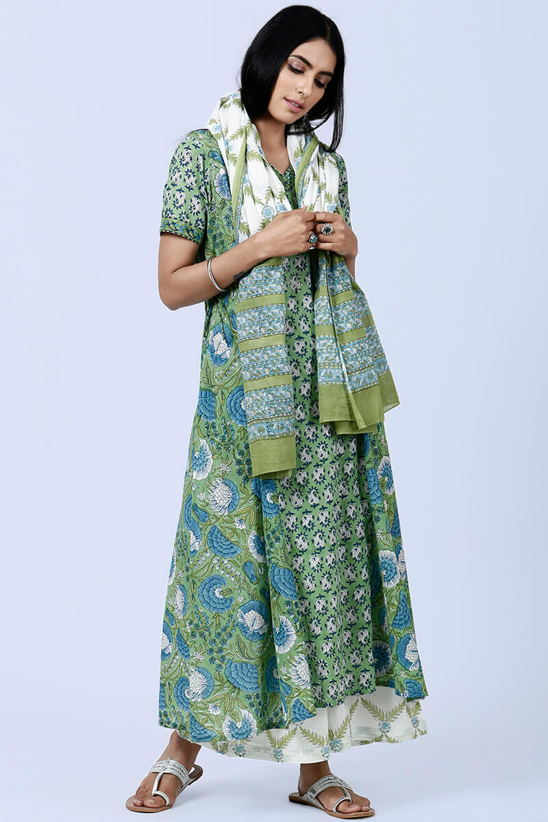 Green Block Printed Angrakha Cotton Kurta