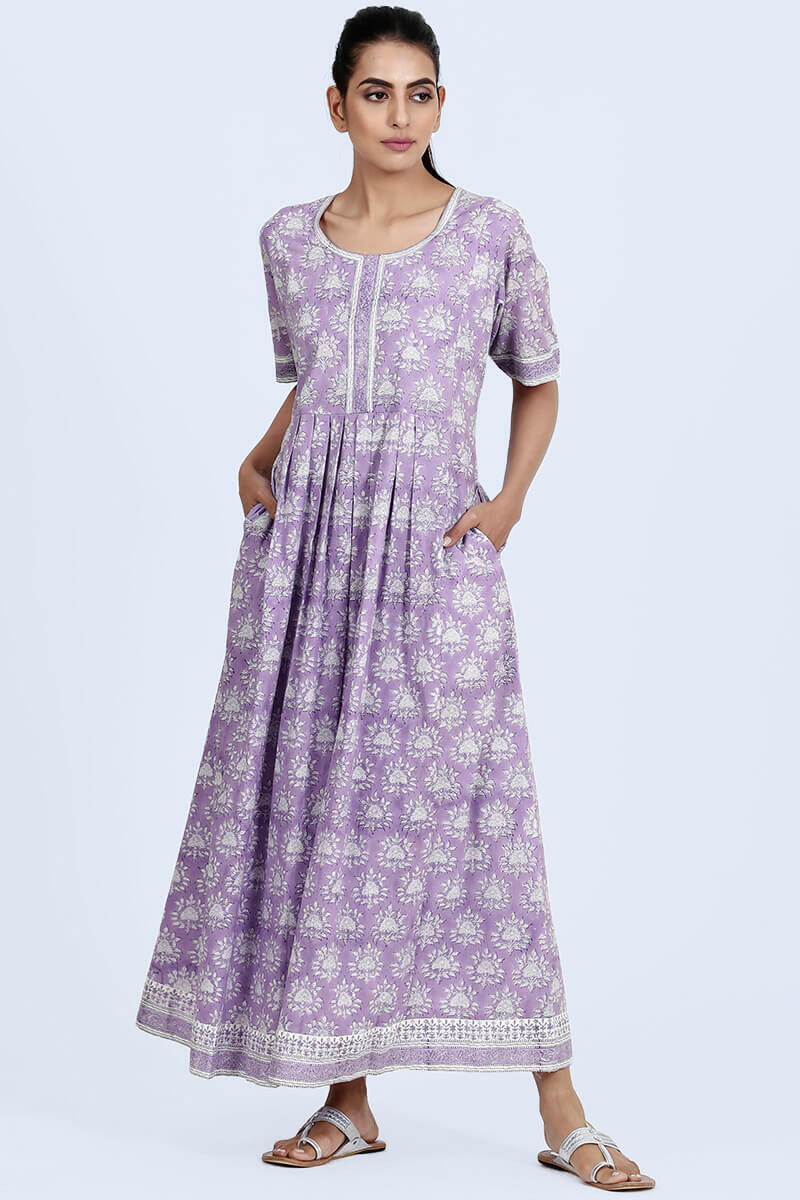 Purple Block Printed Cotton Dresses