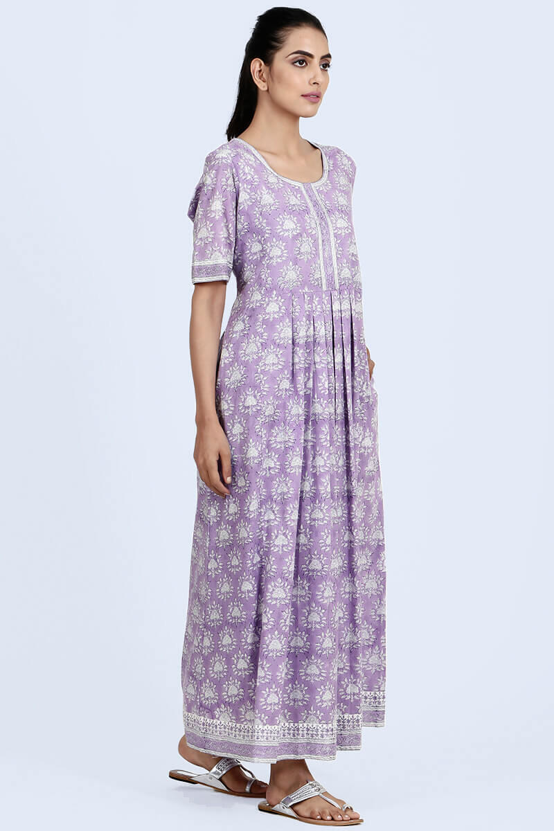 Purple Block Printed Cotton Dresses