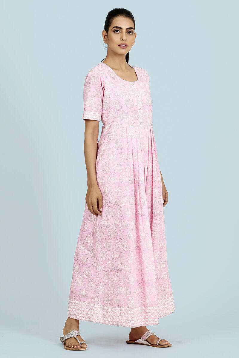Pink Block Printed Cotton Dresses