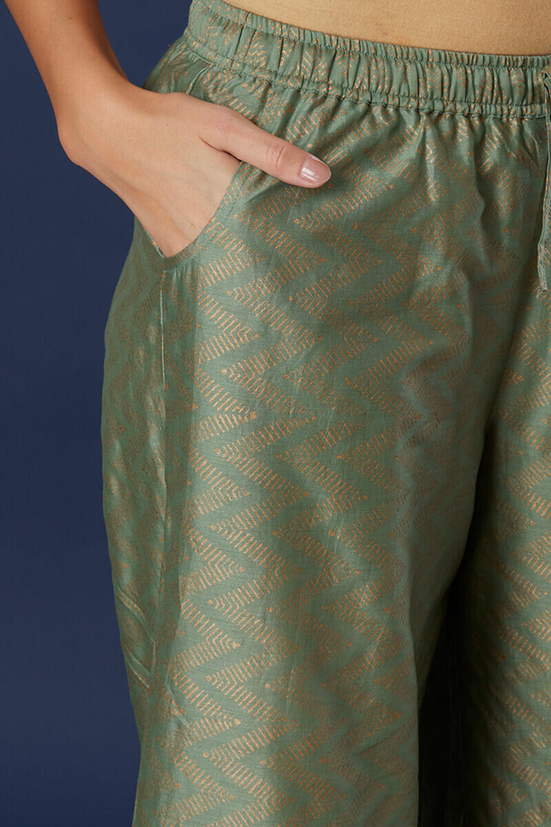 Green Block Printed Silk Cotton Blend Palazzo