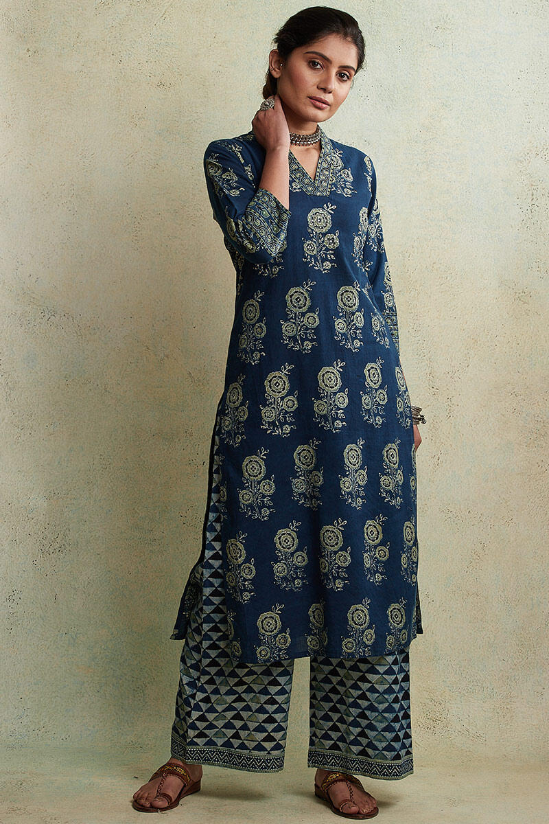 Buy Mahroush Rosana Ajrak Kurta | Blue Kurtas for Women | Farida Gupta
