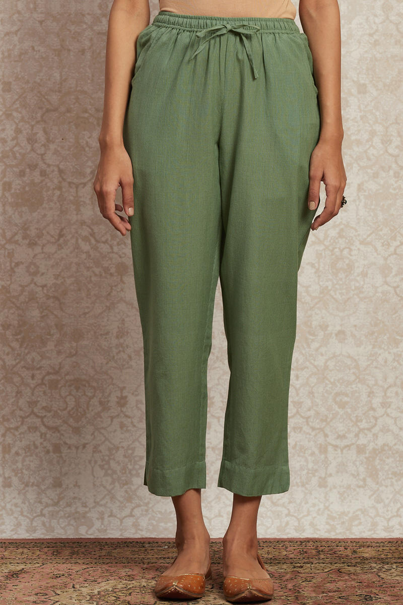 Plain Green Ladies Cotton Casual Pants