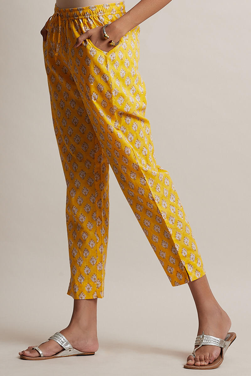 Yellow Block Printed Cotton Narrow Pants