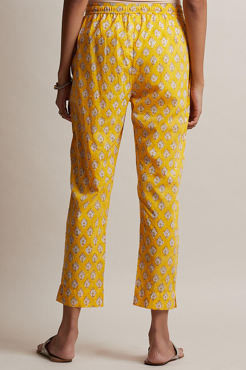 Yellow Block Printed Cotton Narrow Pants