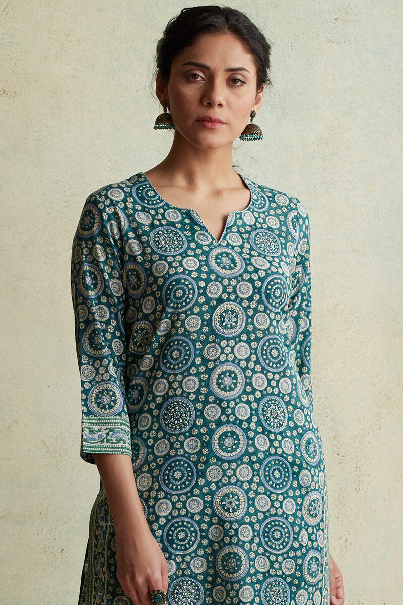 Buy Nausheen Farhat Block Printed Short Kurta | Blue Kurtas for Women ...