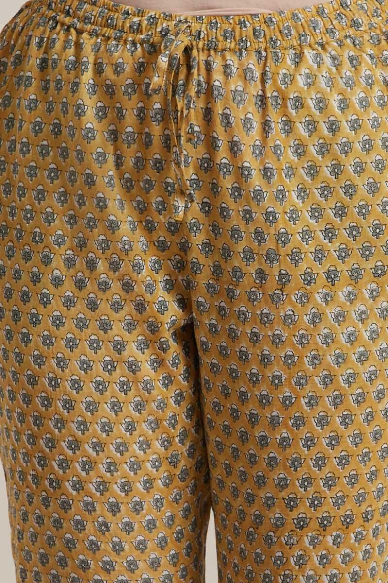Mustard Block Printed Cotton Narrow Pants