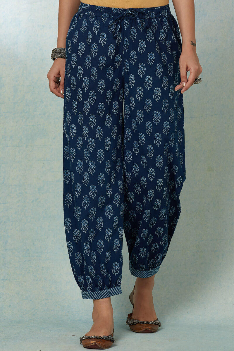 Buy Turquoise Block Printed Cotton Narrow Pants for Women | FGNP23-80 | Farida  Gupta