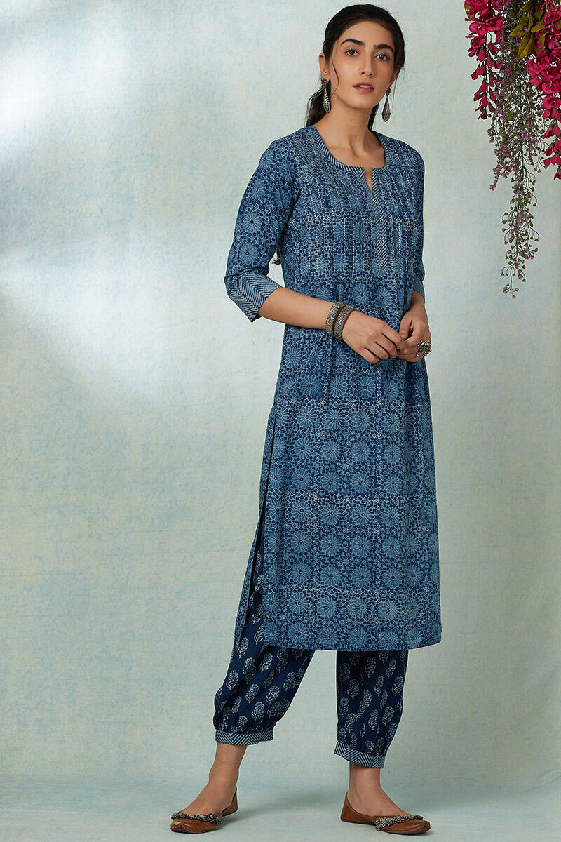 Buy Indigo Block Printed Cotton Izhaar Pants | FGIPT20-02 | Farida Gupta