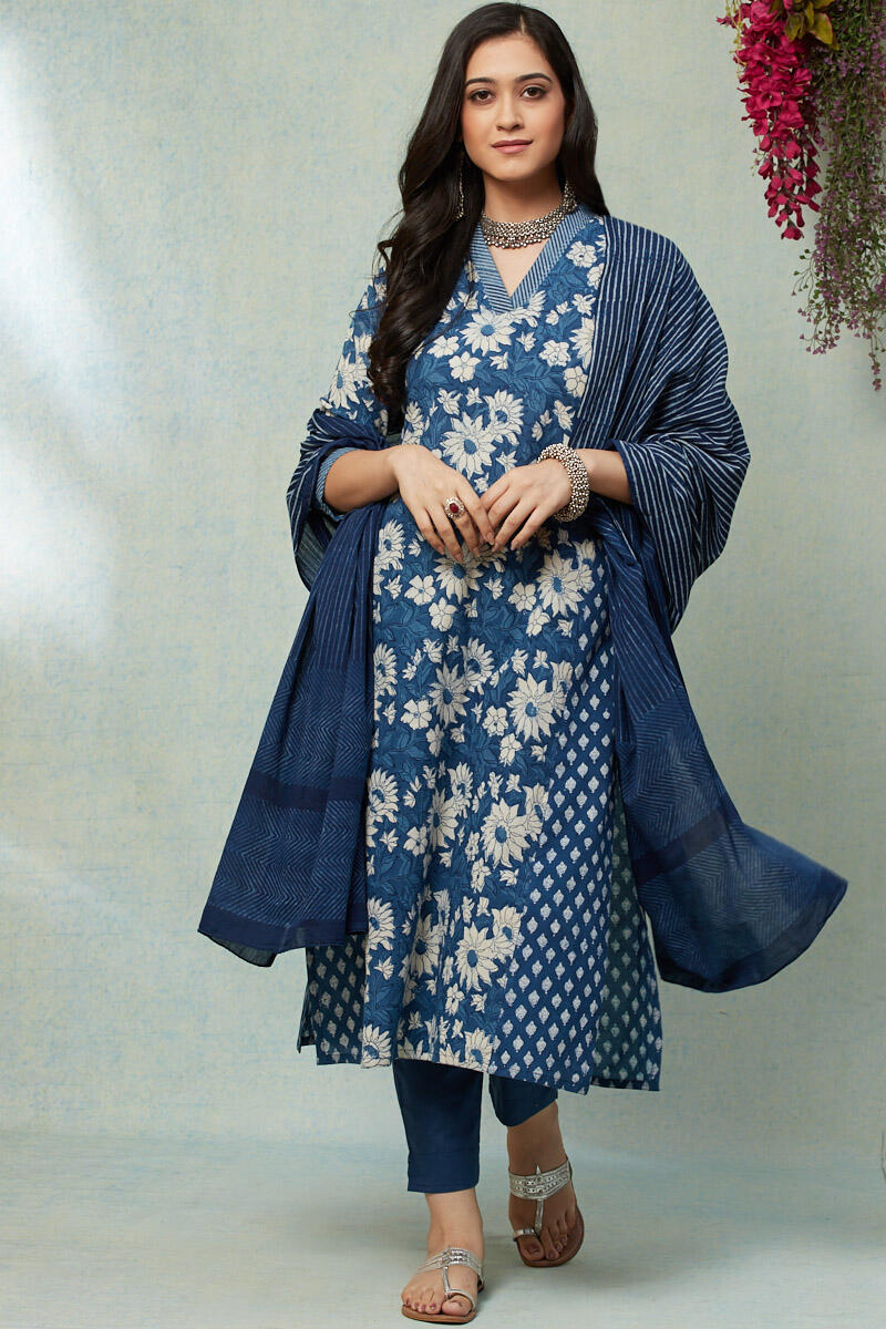 Buy Indigo Block Printed A-line Cotton Kurta for Women | FGMK20-246 ...