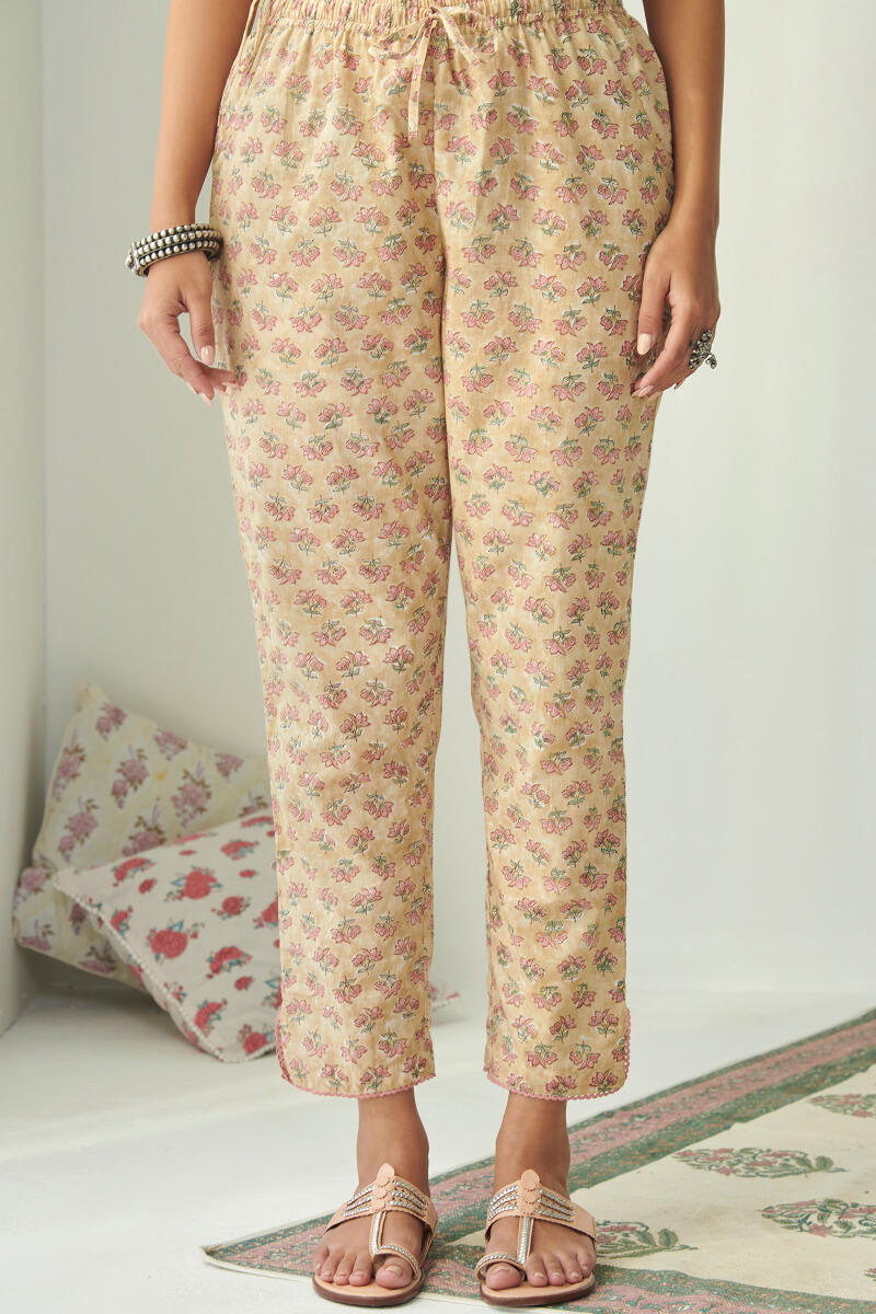 Buy Mustard Hand Block Printed Cotton Narrow Pants for Women | FGNP22-48 |  Farida Gupta