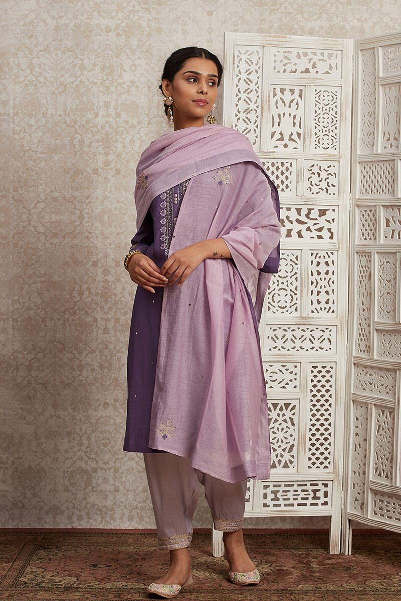 Purple Handcrafted Straight Cotton Silk Kurta