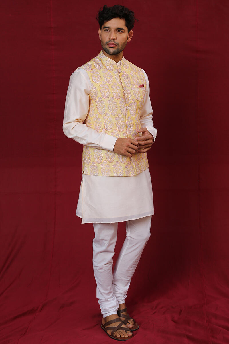 Yellow Block Printed Chanderi Nehru Jacket