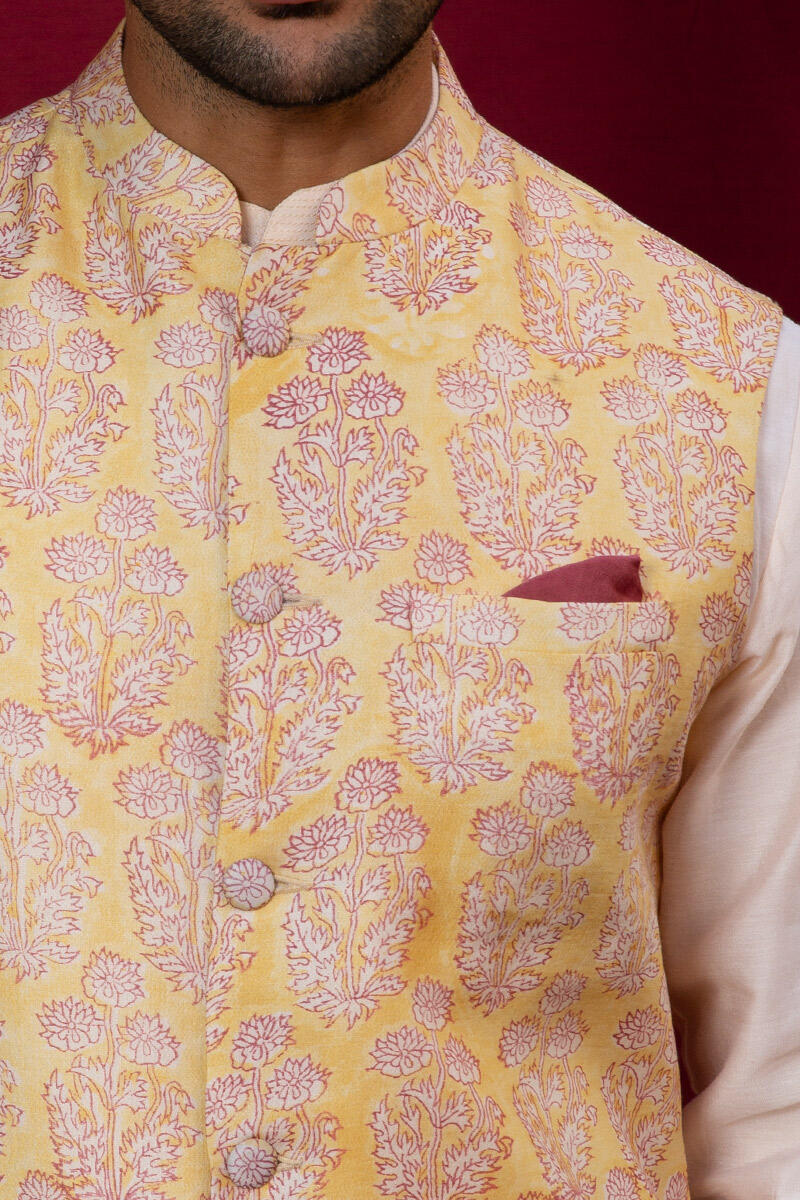 Yellow Block Printed Chanderi Nehru Jacket