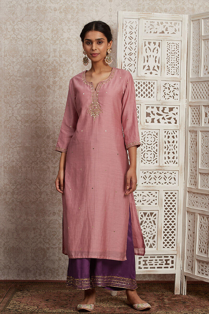 Buy Pink Handcrafted Straight Cotton Silk Kurta for Women FGMK20