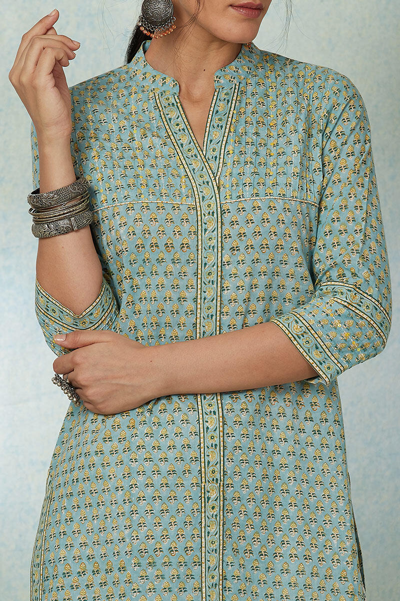 Buy Blue Block Printed Straight Cotton Kurta, FGSMK20-05