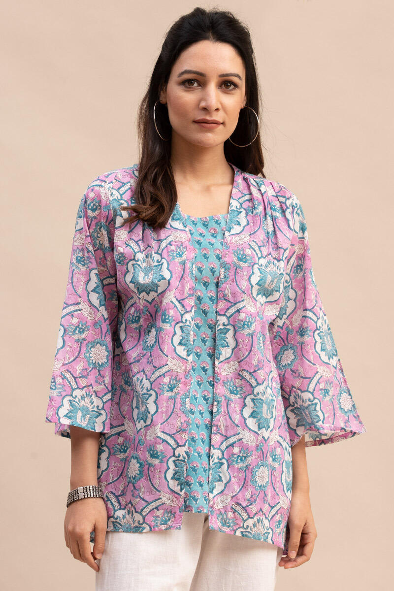 Buy Pink Block Printed Cotton Kimono | Pink Kimono for Women | Farida Gupta