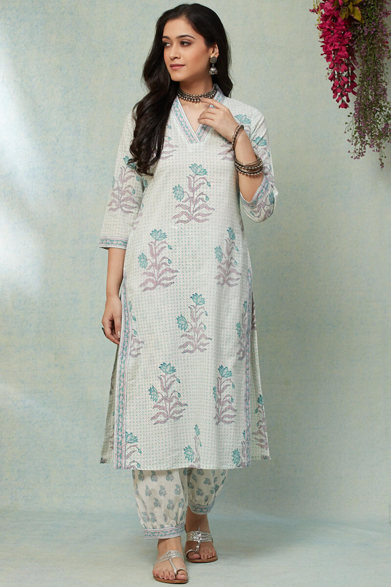 Buy White Hand Block Printed Straight Cotton Kurta for Women | FGMK22-335 | Farida  Gupta