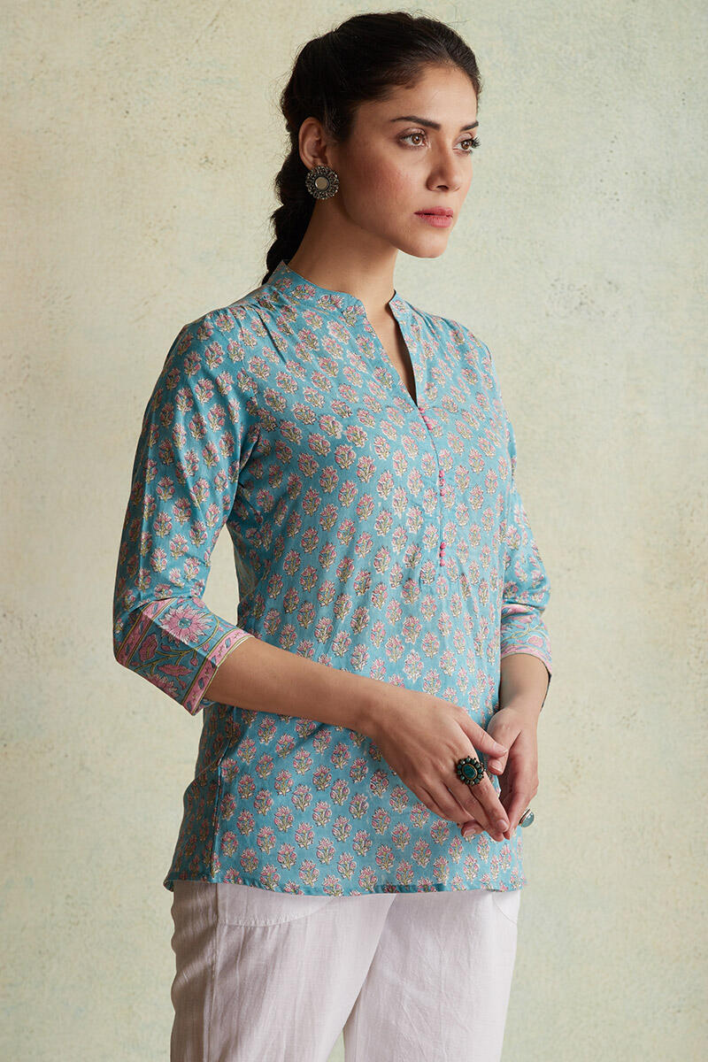 Buy Turquoise Block Printed Cotton Top | Turquoise Top for Women ...