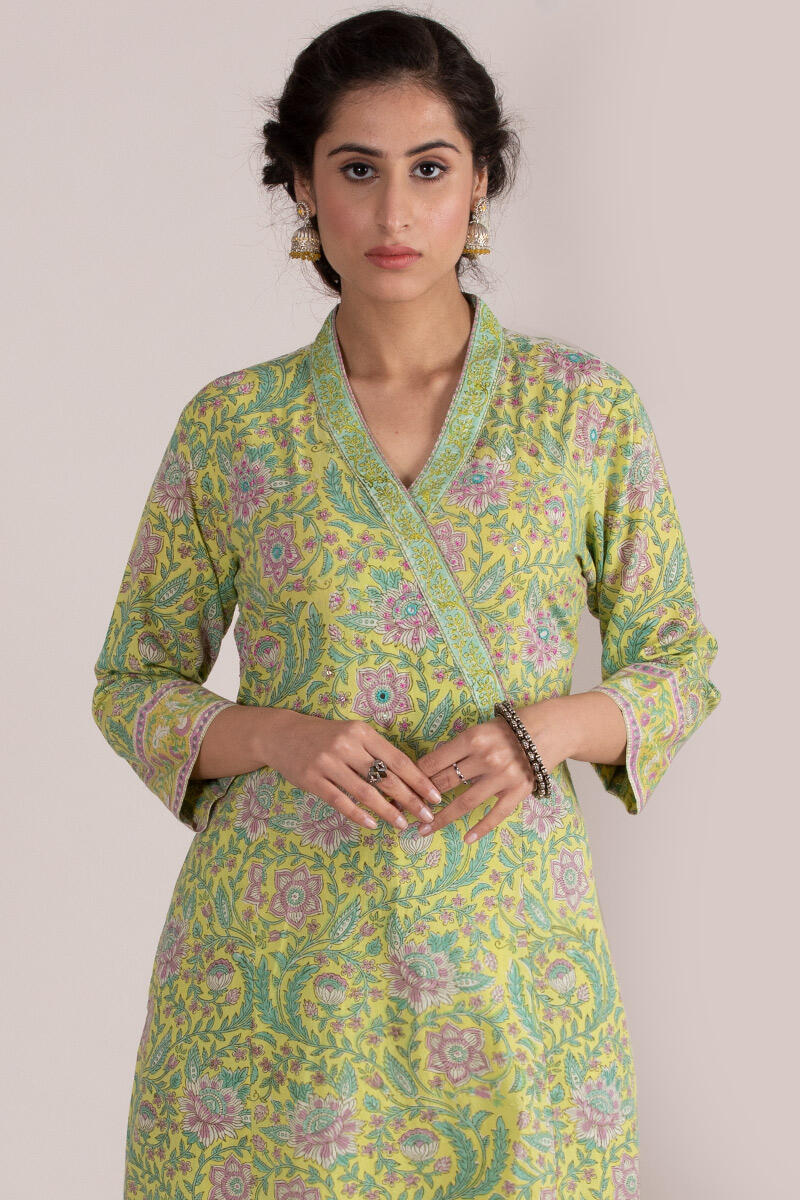 Buy Green Block Printed A-line Cotton Kurta | Green Kurta for Women ...