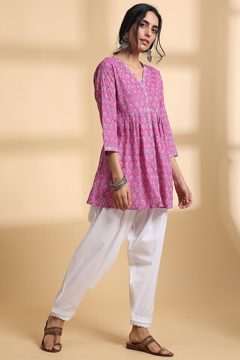 Buy Pink Block Printed Cotton Kurti | Pink Kurti for Women | Farida Gupta