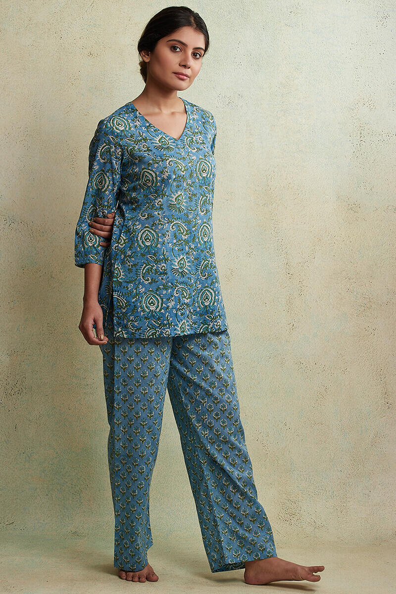 Buy Yellow Block Printed Cotton Pyjama Set for Women | FGNSET21-28 | Farida  Gupta
