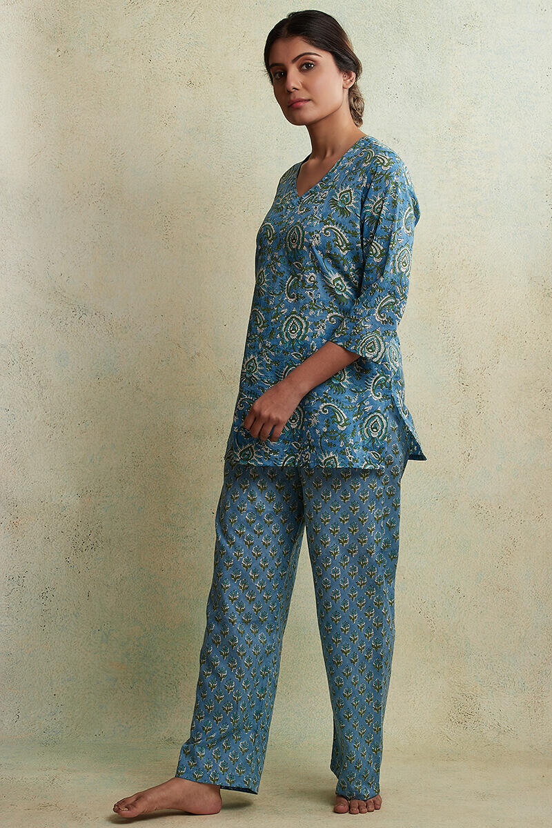 Buy Roz Meher Laila Block Printed Nightsuit | Blue Pajama Sets for ...