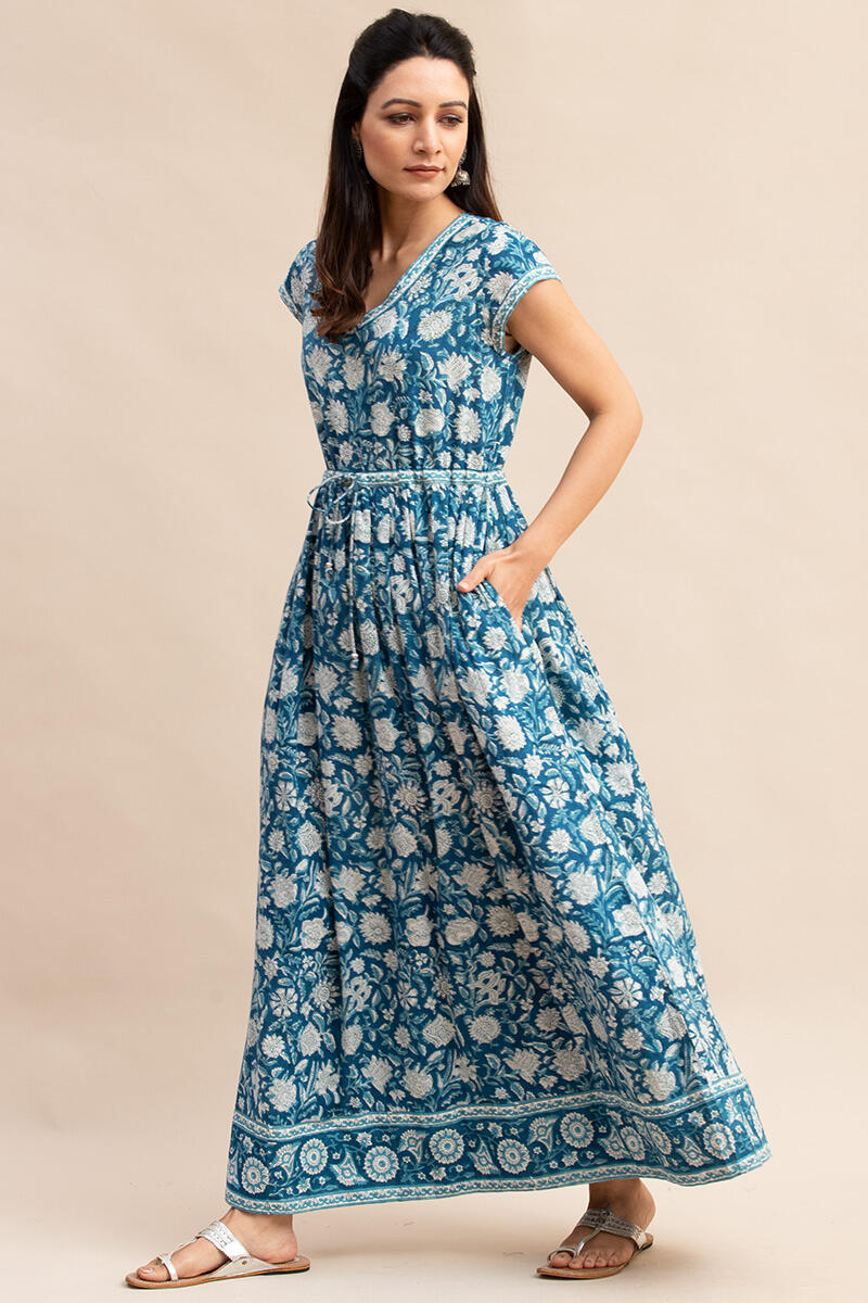 Buy Turquoise Block Printed Cotton Dress | Turquoise Dress for Women ...