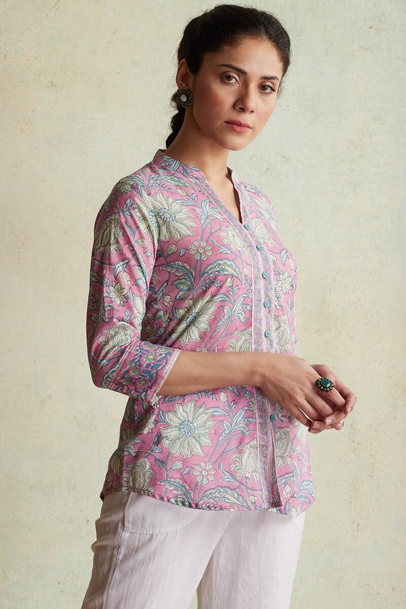 Buy Pink Block Printed Cotton Top | Pink Top for Women | Farida Gupta