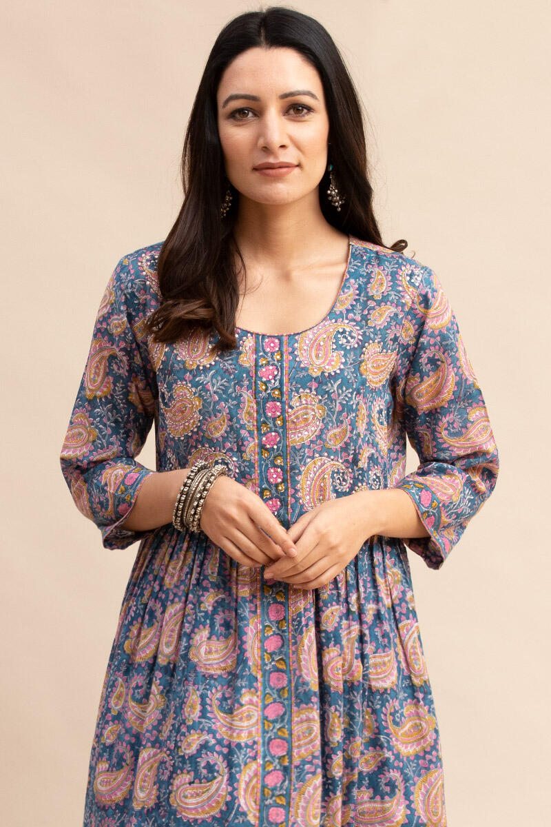 Buy Blue Block Printed A-line Cotton Kurta | Blue Kurta for Women ...