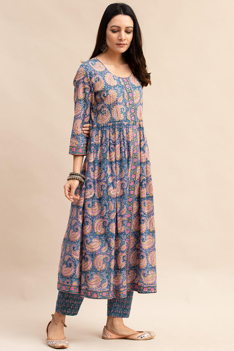 Buy Blue Block Printed A-line Cotton Kurta | Blue Kurta for Women ...