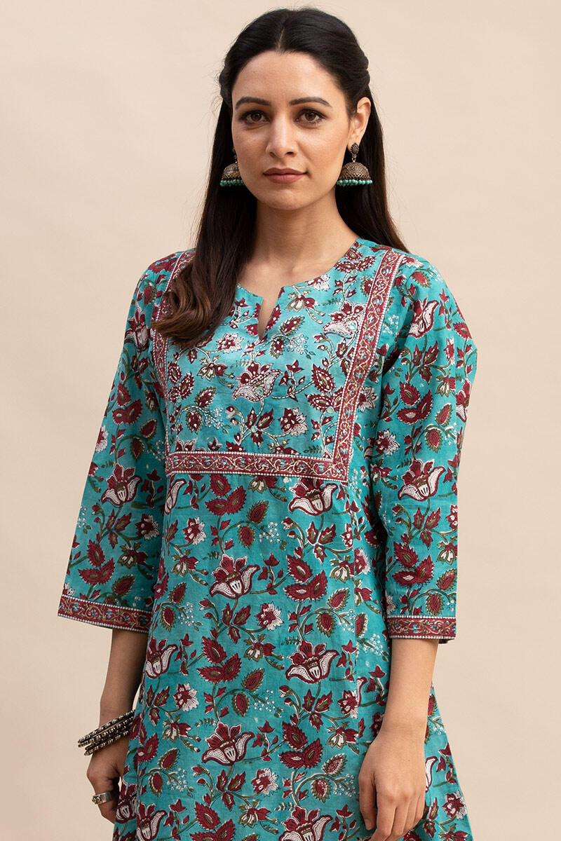 Buy Turquoise Block Printed A-line Cotton Kurta | Turquoise Short ...