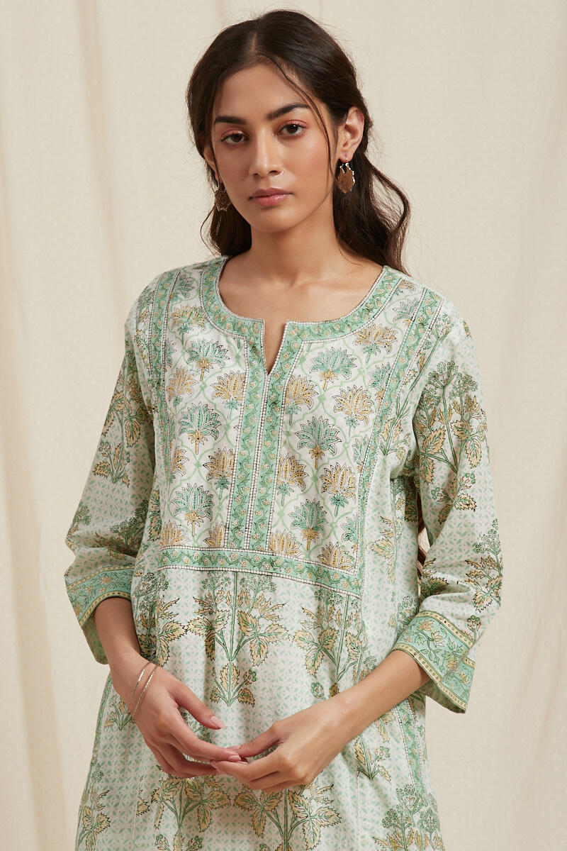 Buy Green Block Printed Cotton Kaftan for Women | FGKF20-02 | Farida Gupta