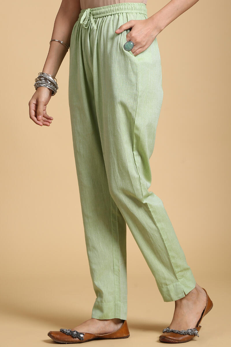 Green Handcrafted Cotton Cigarette Pants