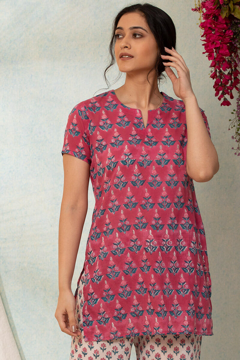 Buy Pink Block Printed Cotton Nightsuit Set | FGNSET19-35 | Farida Gupta