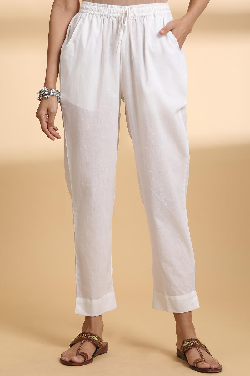 Off White Solid Cotton Narrow Pants