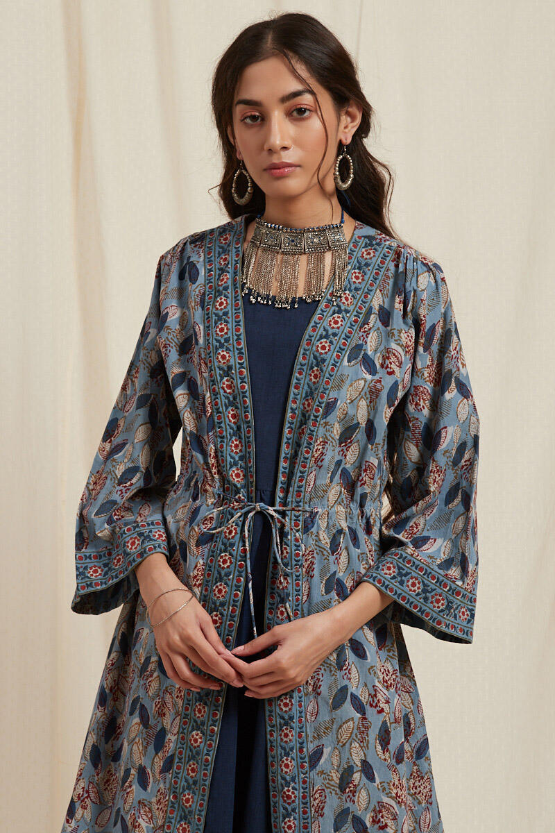 Buy Indigo Block Printed Cotton Long Kimono for Women | FGLKO20-03 ...