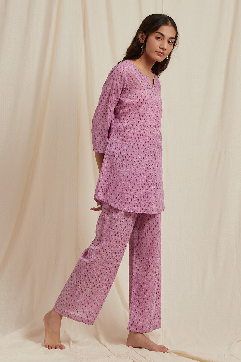 Pink Block Printed Cotton Pyjama Set
