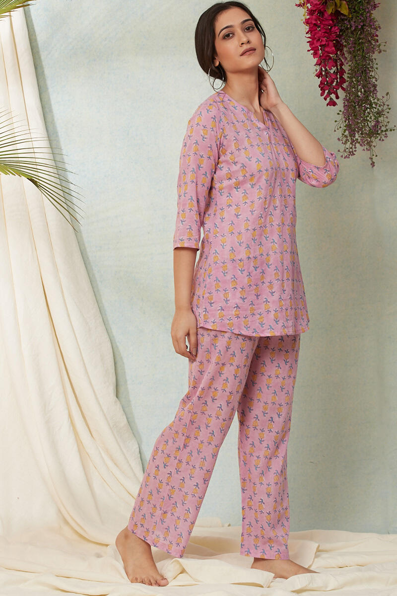 Buy Purple Hand Block Printed Cotton Loungewear Set for Women | FGNSET22-35  | Farida Gupta