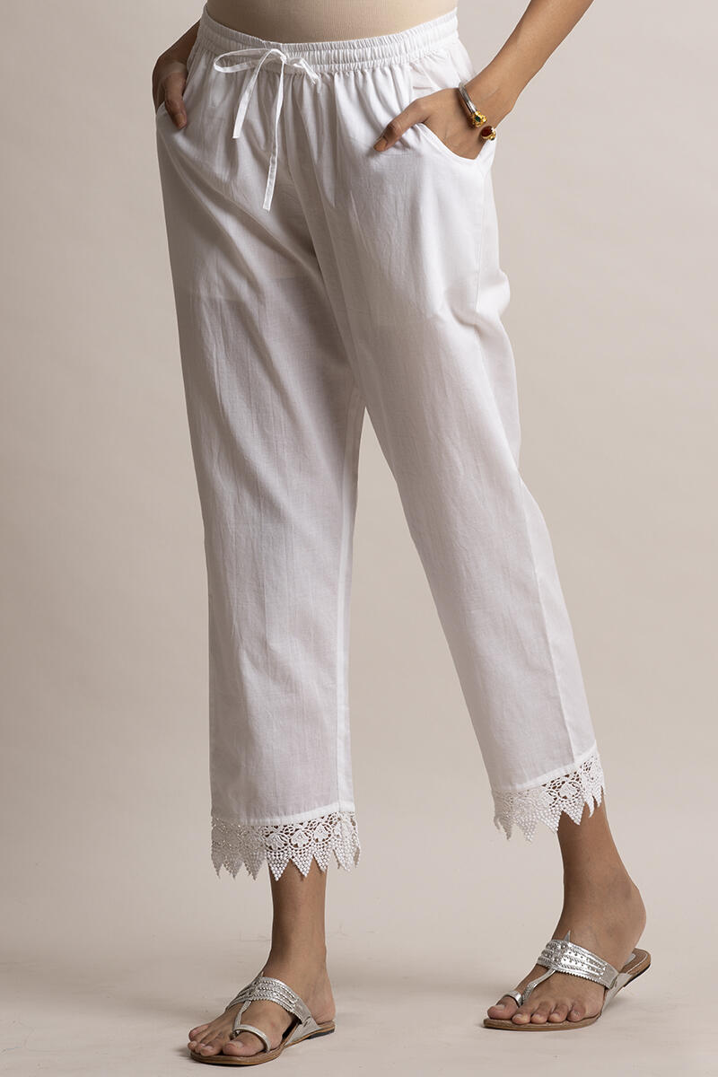 White Block Printed Cotton Narrow Pants