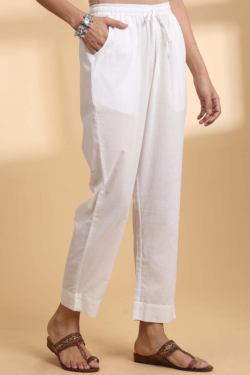 Buy KAAJH Womens White Cotton Denim Slub Straight Trouser Pant online