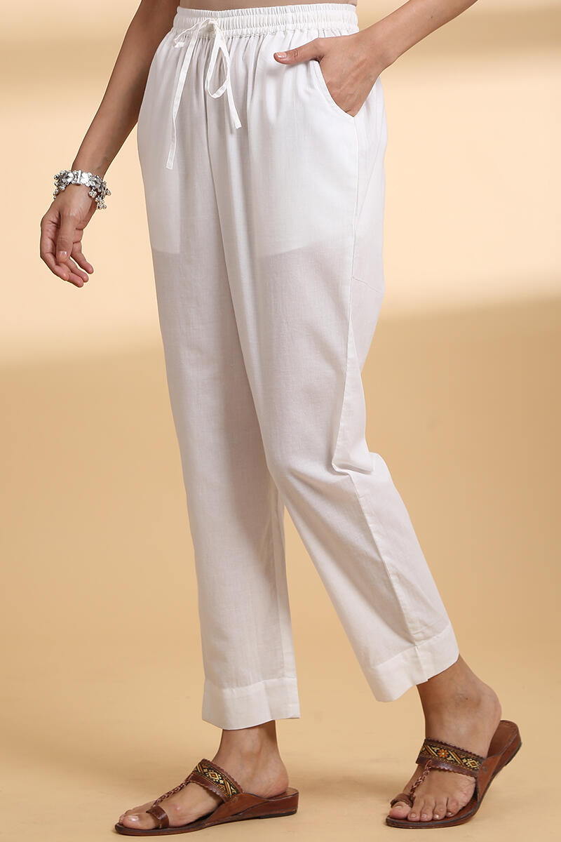 Buy White Handcrafted Cotton Narrow Pants for Women | FGNP21-33 | Farida  Gupta