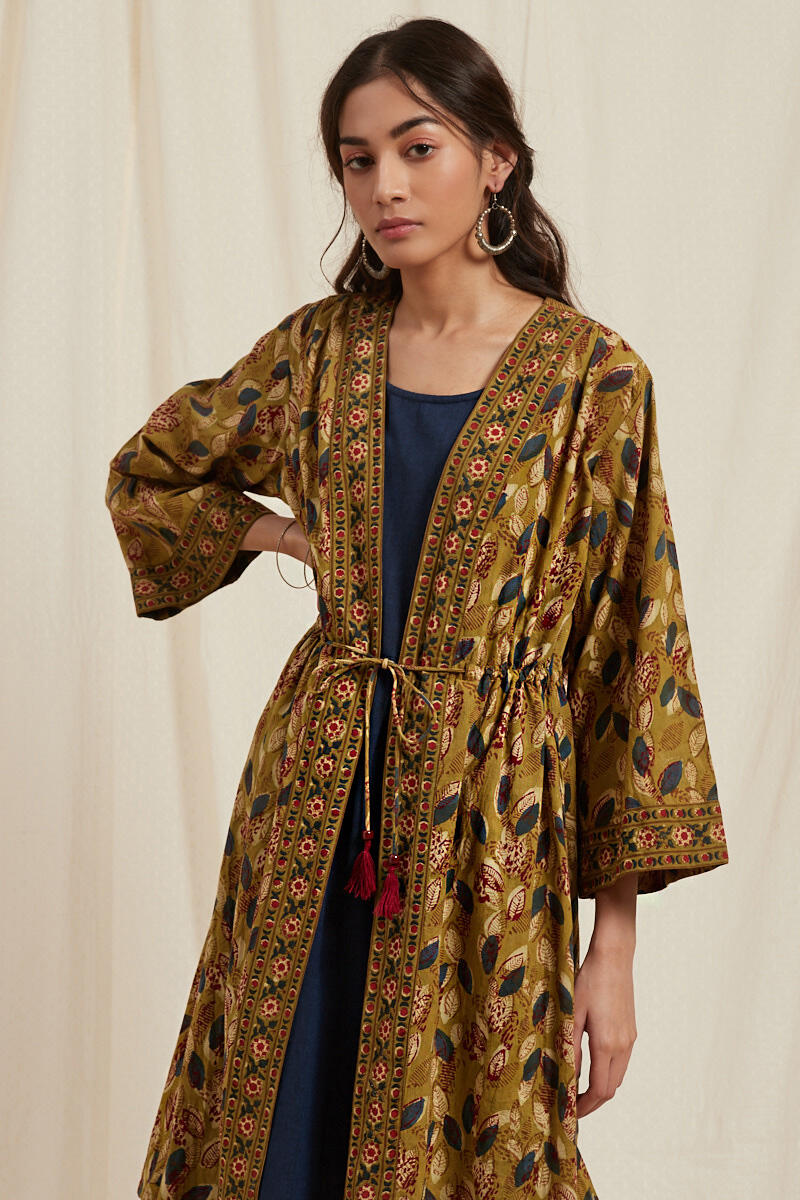 Buy Mustard Block Printed Cotton Long Kimono for Women | FGLKO20-04 ...