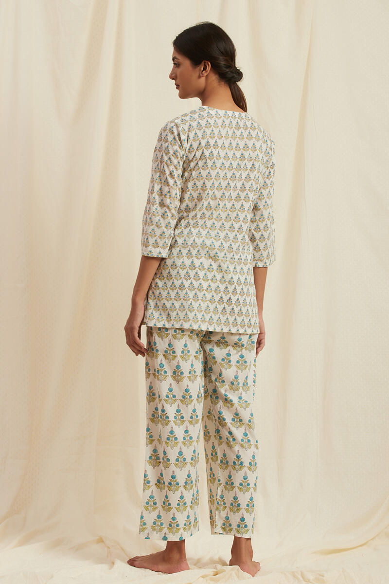 Buy Turquoise Block Printed Cotton Nightsuit Set | FGNSET19-07 | Farida  Gupta