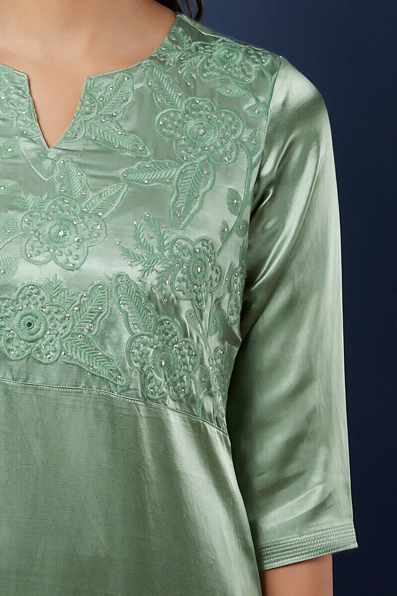 Green Handcrafted Straight Cotton Silk Blend Kurta