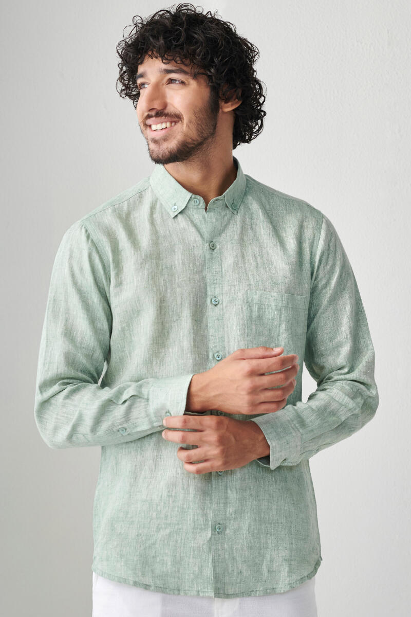 Buy Green Handcrafted Linen Shirt for Men | FGMNS22-54 | Farida Gupta