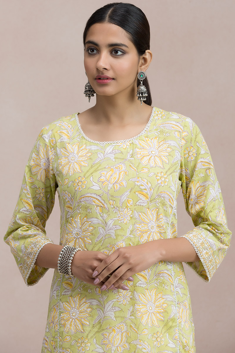 Buy Green Block Printed Straight Cotton Kurta for Women | FGSMK20-23 ...