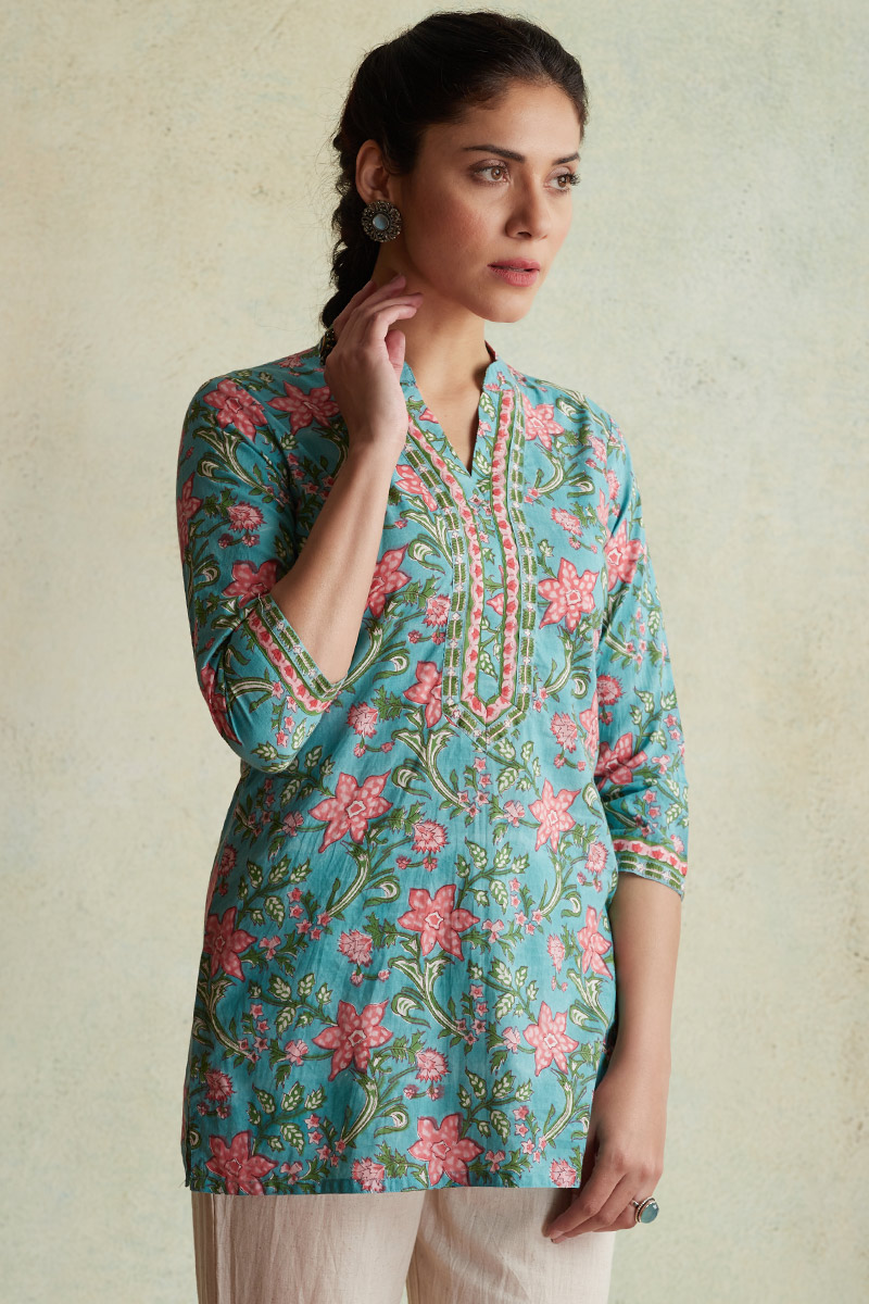 Buy Turquoise Block Printed Cotton Kurti | Turquoise Kurti for Women ...