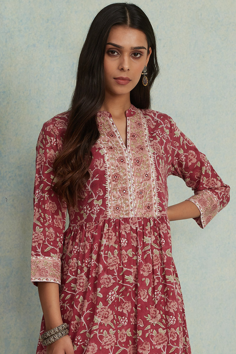 Buy Maroon Block Printed A-Line Cotton Kurta for Women | FGMK20-112 ...